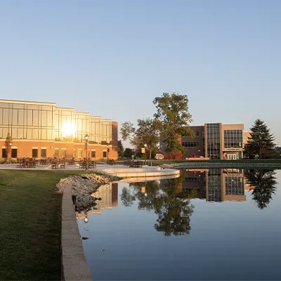 Lakeside patio at sunset